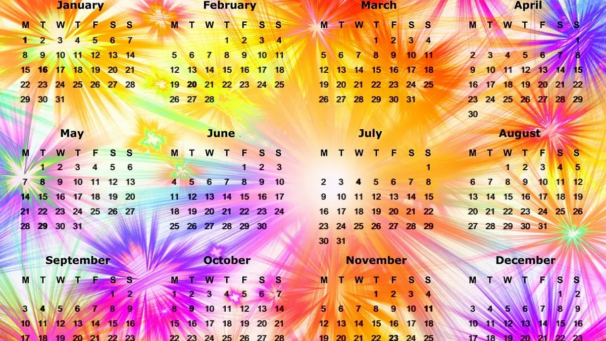 A calendar for the year 2024, with each month displayed in a different color and featuring a unique design.